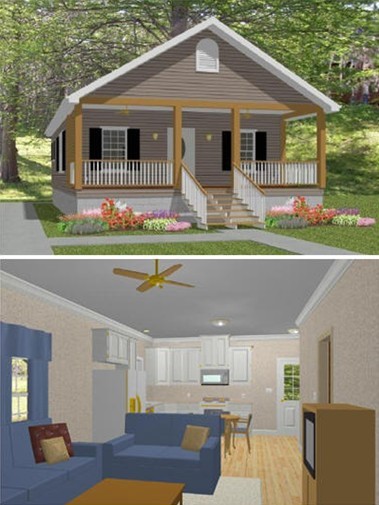Free Plans for a Pretty, 784 Square Foot, Southern, "Shotgun" Style Cottage from Vaughan's Home Design LLC- Click through to see a floor plan or to download complete free construction plans. 